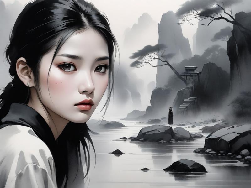 00047-431872906-Chinese Ink paintings,black National,White Shee Pan ethnic portrait art style,Girl face is sad+smoky eyes,narrow river,secret to.png